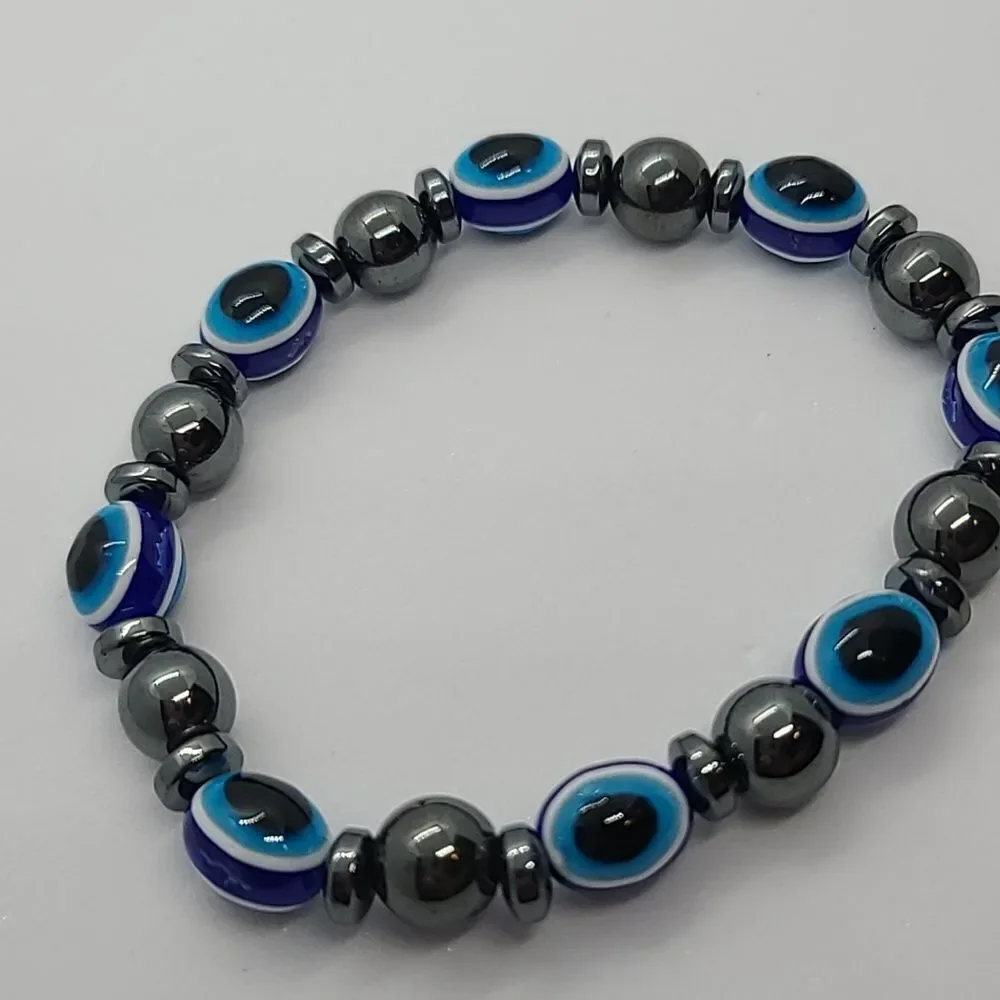 Hematite Evil Eye Blue Beaded Bracelet | Protective Stretch Charm Jewelry NWT